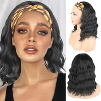 Body Wave Headband Wig Synthetic Shoulder Length Curly Wigs With For African American Women Natural Black 14inch267z