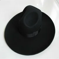 Men's 100% Woolen Fedoras Hat Wide Brim Oversize 12cm Woolen Hat Fashion Black Wool Felt Fedora Woolen Cap Equestrian Hat B-8244E