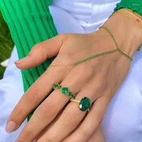 Charm Bracelets Gold Color Micro Pave Cubic Zircon Bracelet Ring Wrist Chain Jewelry Fashion Hand Back Bangles Female Women Cz Tennis
