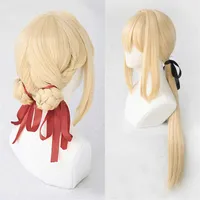 Violet Evergarden Ponytail Braid Buns Blonde Hair Heat Resistant Cosplay Costume Wig Wig Cap Ribbon Y0903302z