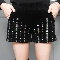 Women's Shorts 2023 Fall Winter Fashion Women Colored Glitter Beading Elastic Waist Black Corduroy Autumn Casual Woman Slim