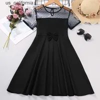 Girl's Dresses 2022 New Summer Big Size Lace Dot Black Princess Dresses For Girl 4-12 Years Old Teenager Children Birthday Present Clothes W0323