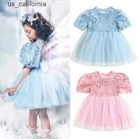 Girl's Dresses FOCUSNO 0-5Y Princess Kids Girls Party Dress 2 Colors Puff Sleeve Sequined Lace Patchwork Back Bowknot Mesh Tutu Dress W0323
