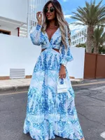 Casual Dresses Foridol Summer Boho Cut Out V-neck Maxi Dress Women Floral Print Vintage Long Sleeve 2023 Beach Holiday Chic