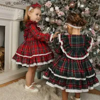 Girl's Dresses 1-7Y Kids Girls Christmas Dress Baby Long Sleeve Lace Trim Ruffle Plaid Vintage Dresses Children Party Princess Autumn Clothing W0323
