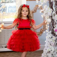 Girl Dresses Red Cute Flower Tiered Skirt Knee Length Infant Birthday Dress Christmas Party