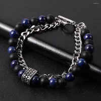 Strand Punk Layers Men Natural Stone Stainless Steel Chain Bracelet Lapis Lazuli Matte Beaded OT Clasp Luxuy Jewelry