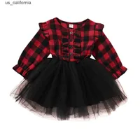 Girl's Dresses Kids Baby Girl Mesh Tutut Dress Christmas Party Long Sleeve Red and Black White Plaid Dress with Belt Fall Girl A-Line Dress W0323
