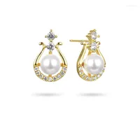 Stud Earrings Authentic 925 Sterling Silver Pearl Earring Gold Color Fashion Crystal For Women Girl Wedding Party Jewelry Gift