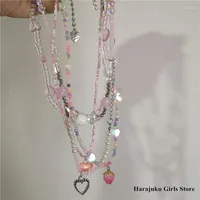 Pendant Necklaces Goth Vintage Pink Heart Flower Pearl Crystal Acrylic Beaded Necklace For Women Girl Fairy Grunge Y2k Halloween Jewelry