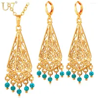 Necklace Earrings Set U7 For Women Gold Color Semi-Preciouse Blue Turquoise Stone Trendy Turkish Jewelry Dangle Earring S704