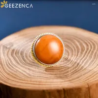 Cluster Rings GEEZENCA Round Amber 925 Sterling Silver Exaggerated Big For Women Luxury Vintage Simple Egg Face Gemstone Ring 2023