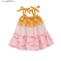 Girl's Dresses 1-5Years Kids Baby Girls Summer Casual Cotton Linen Dress Spaghetti Strap Patchwork Dress Colorful Gown W0323