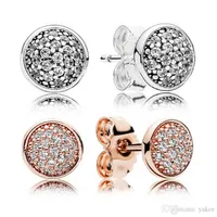 18K Rose Gold Round Disc Stud EARRING for Pandora 925 Silver CZ Diamond Earrings with Original box set Women Wedding Gift Jewelry302a