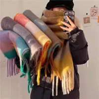 Scarves Rainbow Scarf 2022 Autumn and Winter New Thickened Warm Color Check Loop Yarn Thick Tassel Matching Ac Shawl
