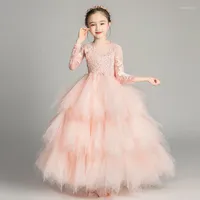 Girl Dresses Flower Girl's Birthday Banquet Long Sleeve Lace Stitching Dress Summer Wedding Embroidery Loop