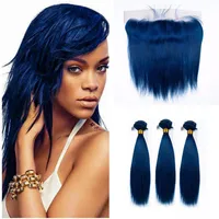 Dark Blue Straight Human Hair Bundles With Lace Frontal Closure 9a Blue Hair 3Bundles With Lace Frontal Malaysian Virgin Hair Weft278o
