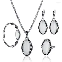 Necklace Earrings Set Retro Crystal Opal Pendant Jewelry For Women Ring Bracelet 4pcs Statement