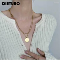 Chains DIEYURO 316L Stainless Steel Minimalist Double Layer Chain Necklace Round Card Pendant Fashion Ladies Jewelry On Neck Party