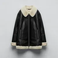 Women's Jackets Fall And Winter Fashion Women's Casual Versatile Black Faux Fur Effect White Paneled Double-sided Jacket Coat