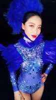 Stage Wear Blue Feathers Rhinestones Bodysuit Boot Cover Neck Ring Shiny Costume Women Party Evening Drag Queen Nightclub Outfit