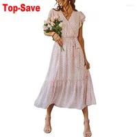 Casual Dresses Women Floral 2023 Summer Dress V-Neck Short Sleeve Pleated A-Line Boho Maxi Loose Clothing Elegant Street Vestidos