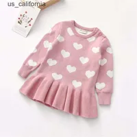Girl's Dresses 1-5T Toddler Kid Baby Girl Clothes long Sleeve Heart Print Knitted Dress Elegant Cute Sweet Warm Winter Outfit W0323