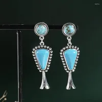 Dangle Earrings Vintage Triangle Metal Artisan Carved Pattern Hanging Blue Stone Boho Women Simple Drop