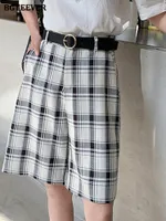 Women's Shorts BGTEEVER Casual Pockets Plaid Straight For Women Spring Summer Chic Loose High Waist Belted Female Half