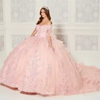 2023 Mexican Pink Quinceanera Dresses with 3D Floral Applique With Cape Vestidos XV Anos Sweet robe de soiree