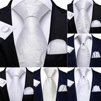 Bow Ties Elegent Mens White Floral Hanky Cufflinks Set Silk Neckties Wedding Party Business Tie 2023 Fashion Brand Hi-Tie
