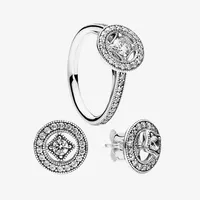 Vintage Circle Ring & Stud Earring sets Women Wedding Jewelry for Pandora 925 Silver CZ diamond Rings and Earrings with Original b305M