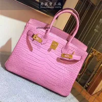 Birkin Bags Full Handmade Original Real Crocodile Leather Bag 30cm Women's Handbag Pink Large capacity ayw
