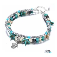 Anklets Women Fashion Turquoise Sier Plated Beaded Double Foot Chain Bracelet Conch Starfish Mizhu Yoga Summer Beach Turtle Drop Del Dh8Nl