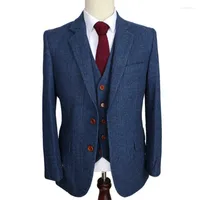 Men's Suits Blue Herringbone Retro Gentleman Classic Style Custom Made Men Tailor Suit Blazer For 3 Piece Jacket Pants Vest