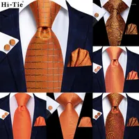 Bow Ties Silk Elegent Tie For Men Orange Gold Plaid Handky Cufflink Gift Mens Necktie Fashion Business Party Dropshiping Hi-Tie Designer