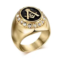 mason Ring Men's Masonic Stainless Steel 316L Vintage Gold Color Crystal Mason Signet Finger Jewelry AG Cluster Ring219n