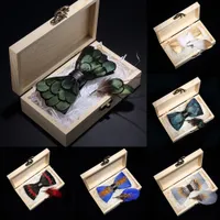 Neck Tie Set KAMBERFT design handmade feather bow tie brooch wooden box set high quality men's bow leather for wedding party banquet 230323