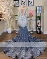 Luxury Sparkly Silver Mermaid Prom Dress 2023 For Black Girls Glitter Sequin Crystal Tassels Bead Evening Party Gown Robe De Bal