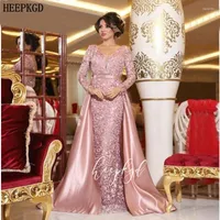 Party Dresses Dusty Rose Lace Long Sleeves Mermaid Evening Dress Detachable Train V Neck Plus Size Middle East Muslim Prom