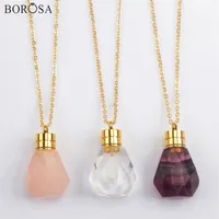 Natural Fluorite Perfume Bottle Necklace in Gold Crystal Pink Quartz Essential Oil Diffuser Pendant Charm for Women G1979280a