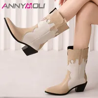 Boots ANNYMOLI Women Western Boots Mid Calf Boots Thick Heel Pointed Toe Totem Patchwork Sexy Winter Autumn Shoes Black Apricot 35-46 230324