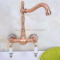 Bathroom Sink Faucets Antique Red Copper Basin Faucet Vessel Tap Mixer Dual Handles Wall Mounted Nnf953
