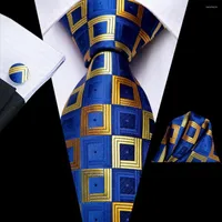 Bow Ties Blue Yellow Plaid 2023 Elegant Mens Tie Gentlemen Necktie For Men Business Handky Cufflinks Hi-Tie Designer