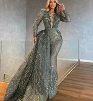 Sparkly Mermaid Prom Dresses Long Sleeves V Neck Appliques Sparkly Strapless Sequins Floor Length Beaded Pearls Evening Dress Bridal Gowns Plus Size Custom Made