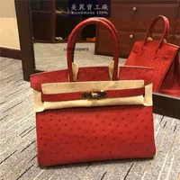 Birkin Bags Handmade Original Ostrich Leather 25cm Red Women's Handbag with Goat Skin Inside Large capacity ayw