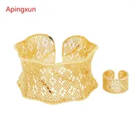 Necklace Earrings Set Apingxun Top Quality Wave Shape Bangle Gold Color &Ring French African Women Bridal Wedding Jewelry