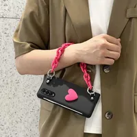 Cell Phone Cases Cute 3D Love Heart Phone Case For Samsung Galaxy Z Fold 4 3 2 5G Hard PC Matte Cover with Portable Hand Chain Z0324