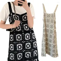 Casual Dresses Style Womens Crochet Beachwear Cover Up Sleeveless Midi Dress Hollow Out Knitted Checkered Floral A-Line Loose Beach