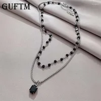 Chains GUFTM Silver Colour Double Layered Black Stone Square Pendant Necklace Fashion For Womens 2023 Vintage Jewelry Accessories